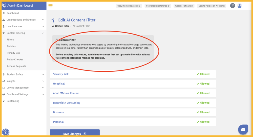 Evaluate web pages by actual on-page content with Blocksi's AI Context-Aware Filtering.