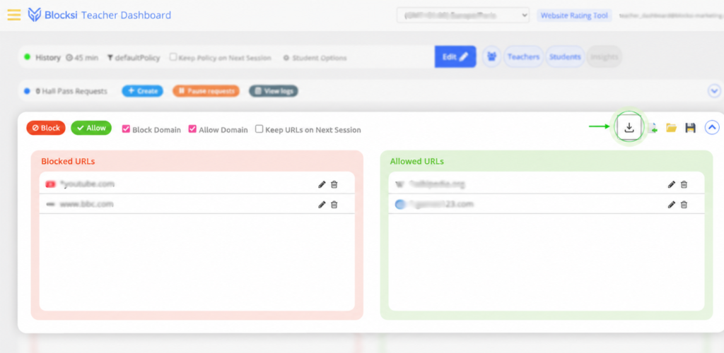 Updated Block and Allow section - Blocksi's Teacher Dashboard now enables exporting CSV Block/Allow lists.