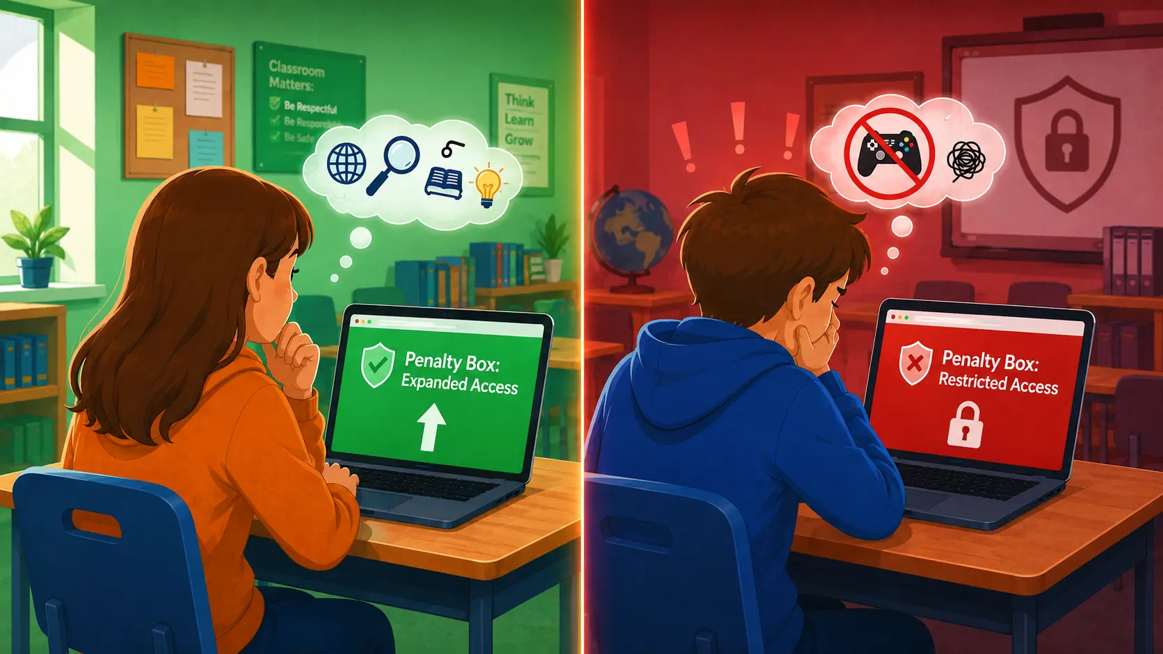 Student on the left has expanded internet access and the student on the right has restricted access to the internet.
