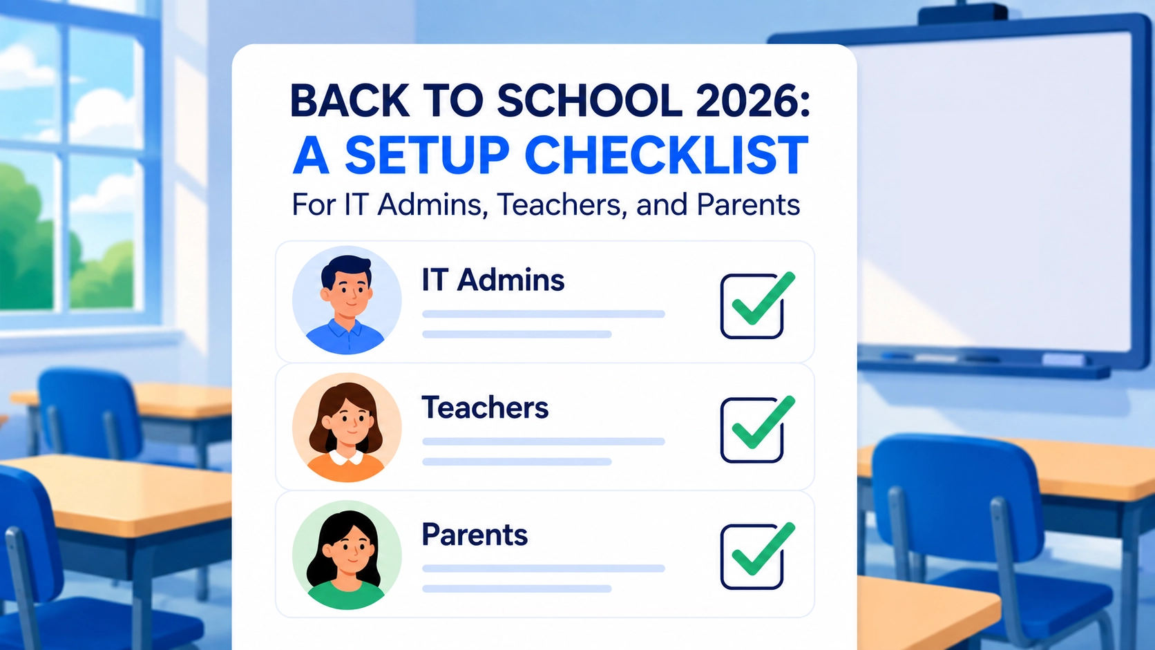A checklist is displayed and there is a classroom in the background.