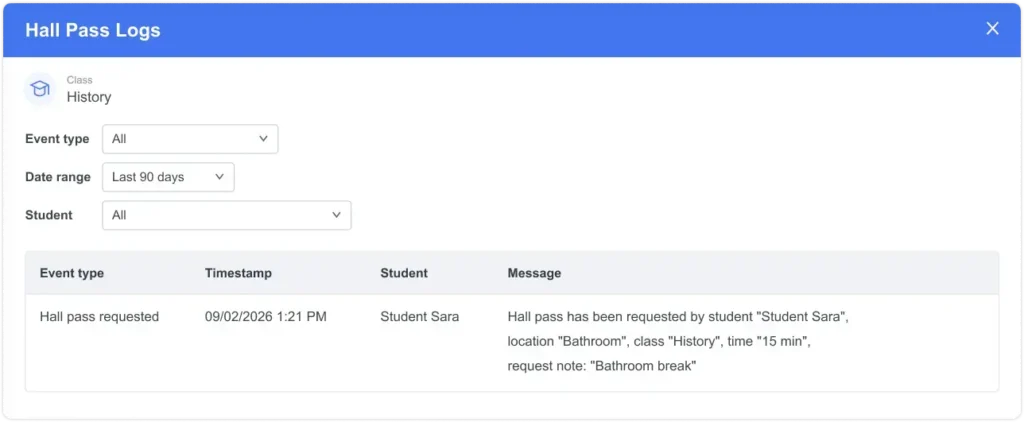 Teachers' Hall Pass logs view now matches the admins' and delegates' insights.